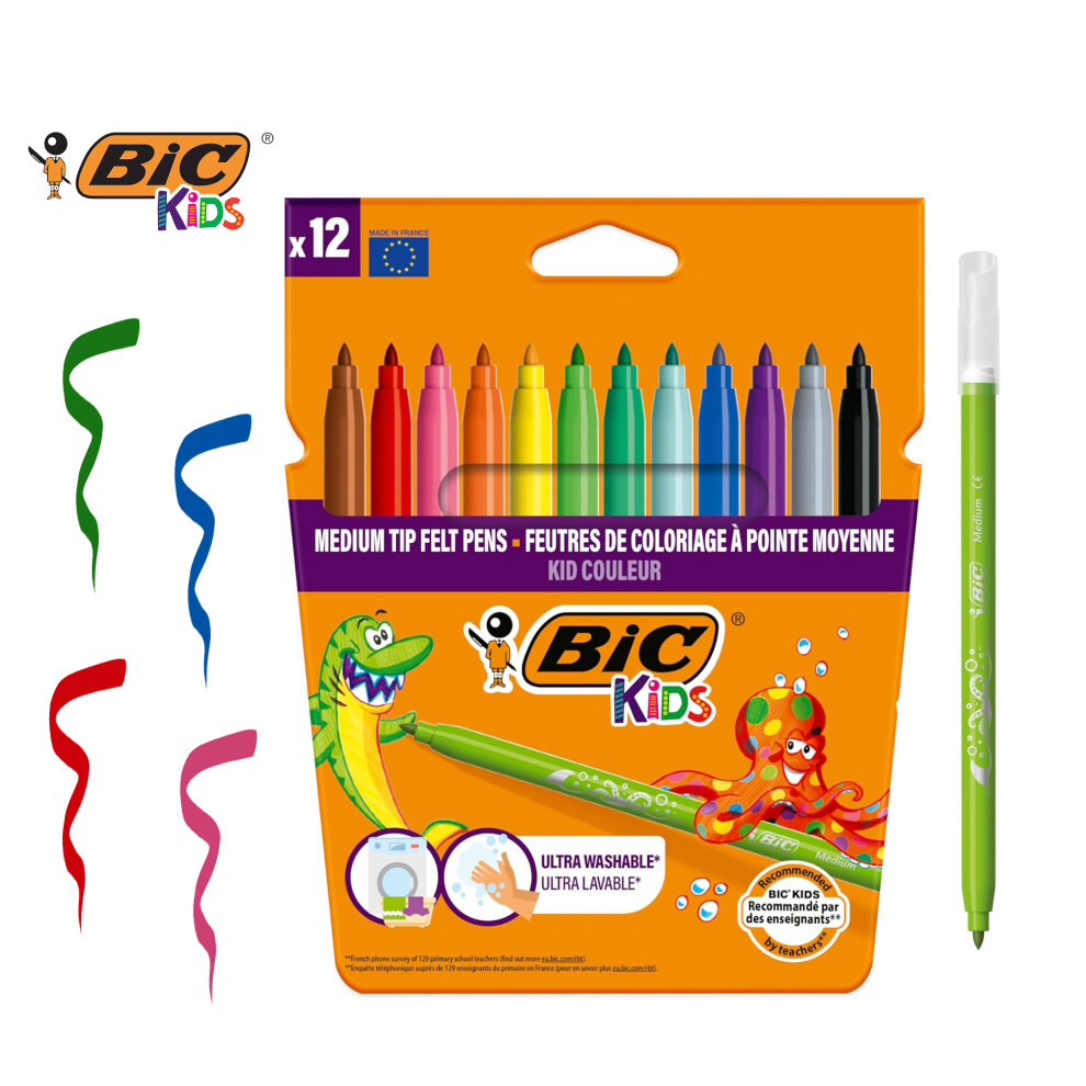 BIC Kids Washable Felt Tip Pens 12 Pack Assorted Colours for School