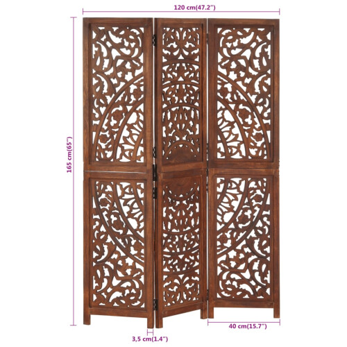 VidaXL vidaXL Solid Mango Wood Hand Carved 3-Panel Room Divider Brown Privacy Screens 2