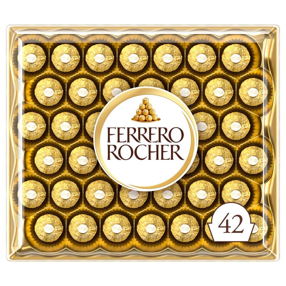 Ferrero Rocher Pralines, Chocolate Gift, Christmas Chocolate, Large Chocolate Box Covered In Milk Chocolate And Nuts, Box Of 42 (525G)