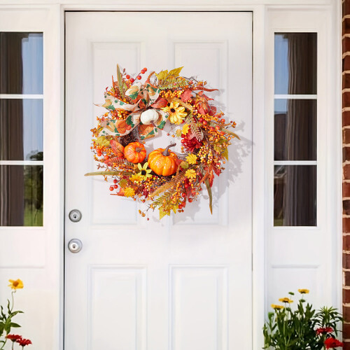 Living And Home Halloween Artificial Pumpkin Maple Leaves Wreath