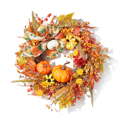 Living And Home Halloween Artificial Pumpkin Maple Leaves Wreath 2