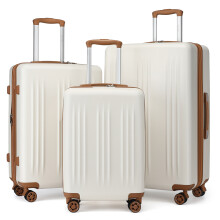 (Cream and Brown, 20+24+28 inch) 20/24/28 Inch Expandable ABS+PC Suitcase With TSA Lock