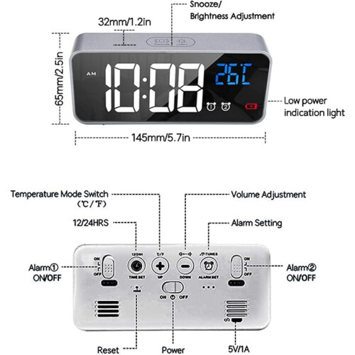 Digital Alarm Clock, LED Alarm Clock with Snooze Function, USB Ports Charging (Silver) 2