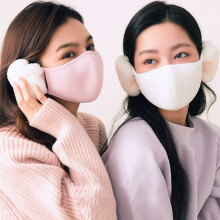 2 pieces of thermal masks with ear muffs for women in autumn and winter, cute plush, windproof and cold proof ear masks, two in one mask (white+pink)