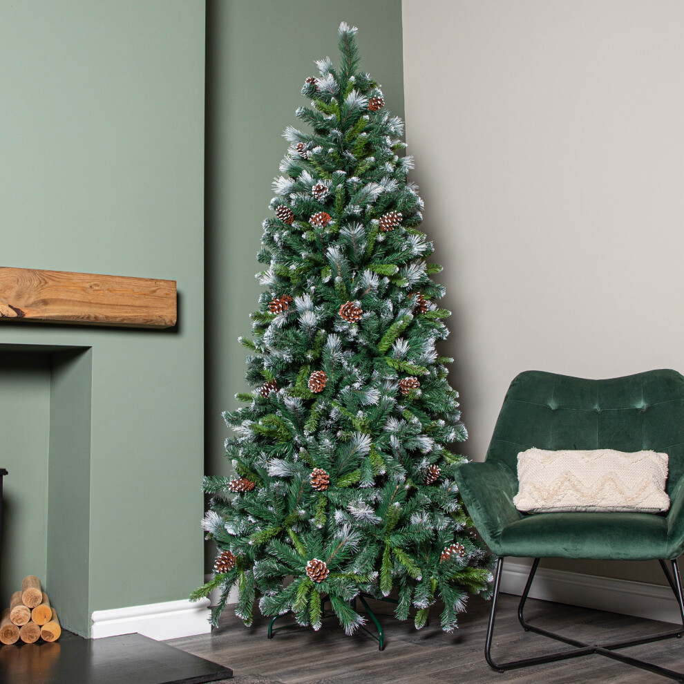 Samuel Alexander 7Ft (2.1M) Frosted Glacier Pine Snow Tipped Christmas Tree With Pine Cones Green