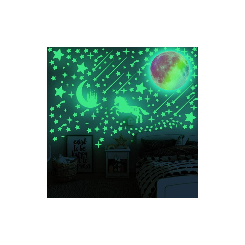 296Pcs Glow In The Stars Stickers And 1Pc Glowing Colorful Moon, Luminous Fluorescent Castle Wall Decor Sticker For Home Ceiling Baby Kids Nurser Dark