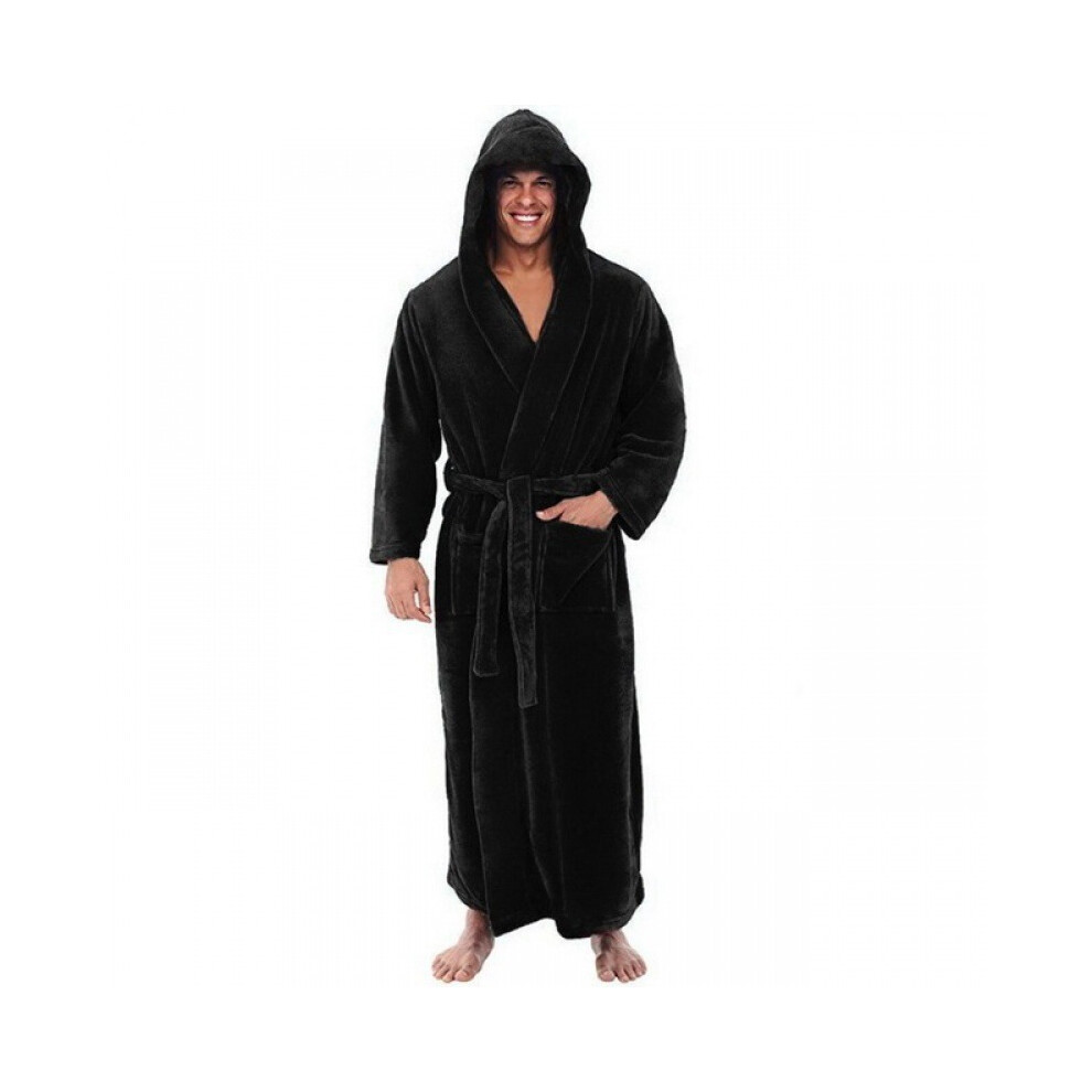 (3XL, Black) Men Long Hooded Bathrobe Soft Nightgown Robe Dressing Gown