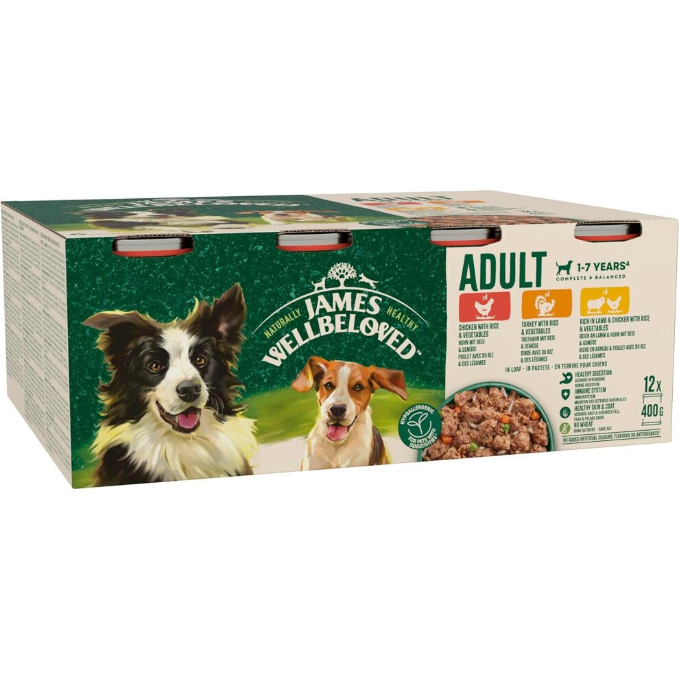 James Wellbeloved Adult Turkey, Lamb and Chicken in Loaf 12 Cans, Hypoallergenic Wet Dog Food, Pack of 1 (12 x 400 g)