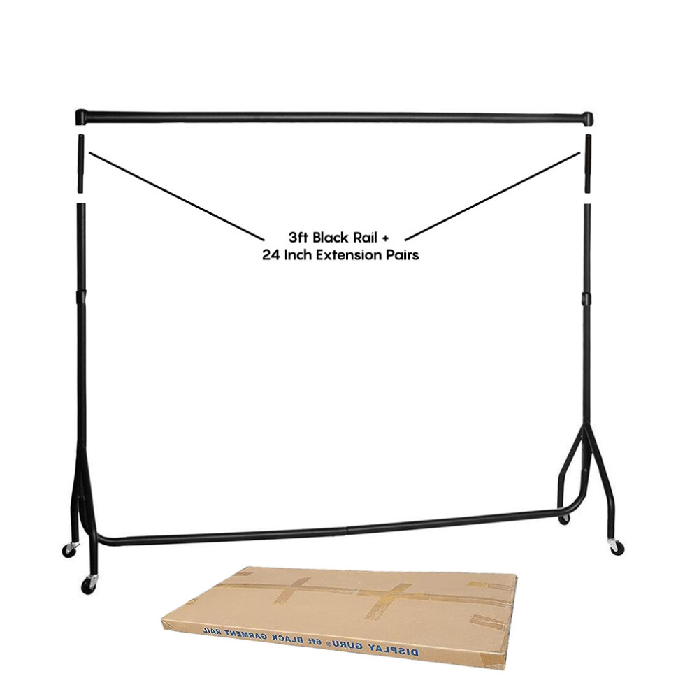 (3ft Black Rail + 24 Inch Extension) Heavy Duty 3ft Black Garment Rail With Extension Pairs Clothes Hanging Display