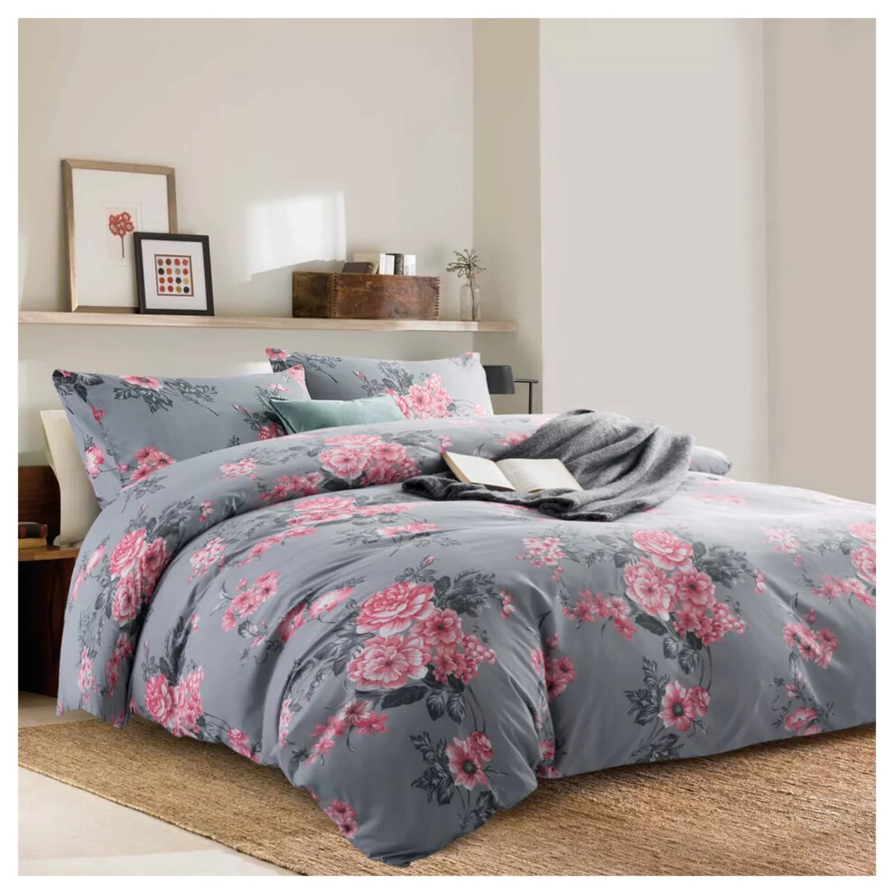 (King) Grey Duvet Cover Set Reversible Printed Bedding