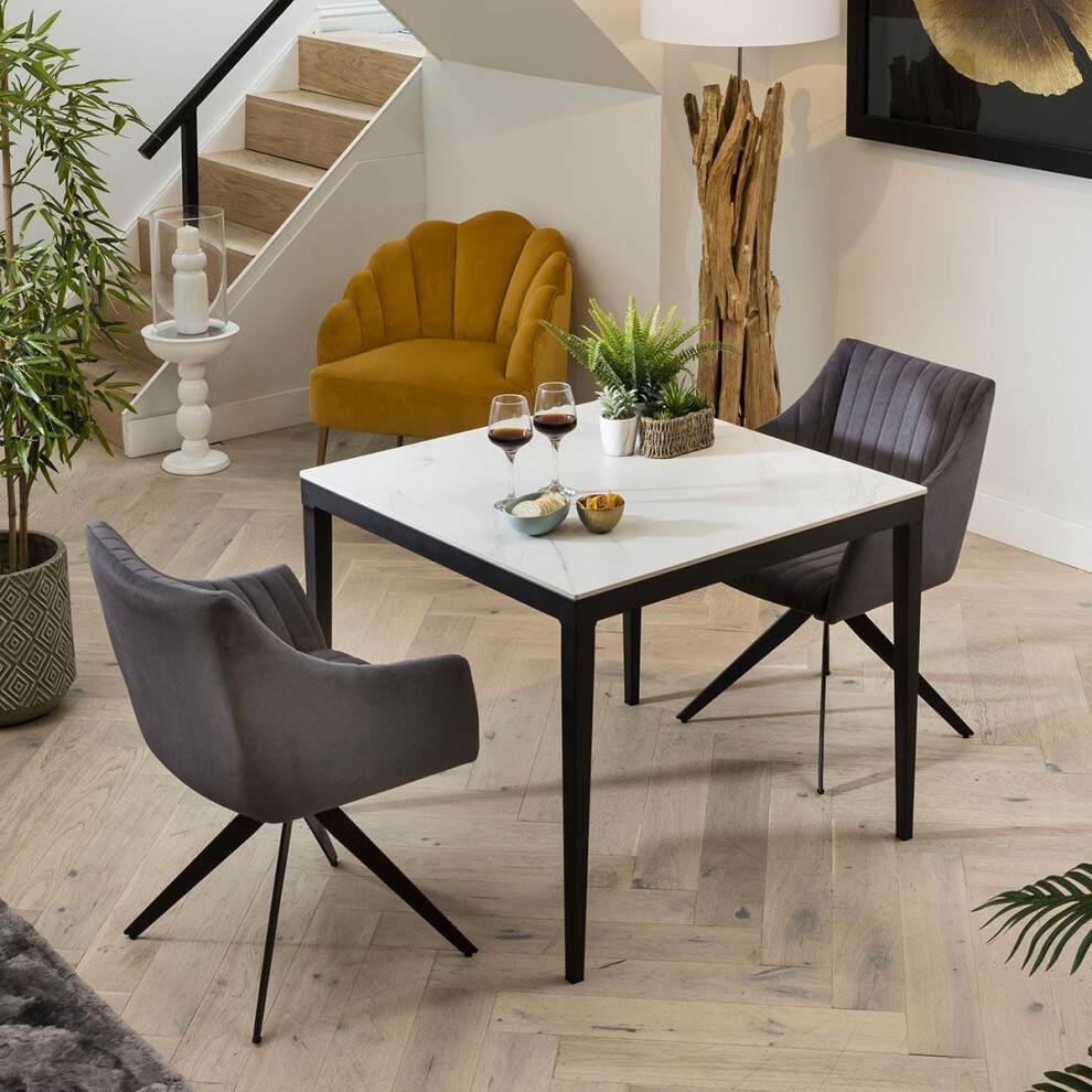 Compact 2 Person Dining Set - White Ceramic Marble Table - Carver Dining Chairs