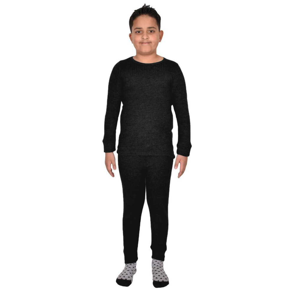 (Black, 9-10 Years) Kids Thermal Set Long Johns Plain Warm Top Bottoms