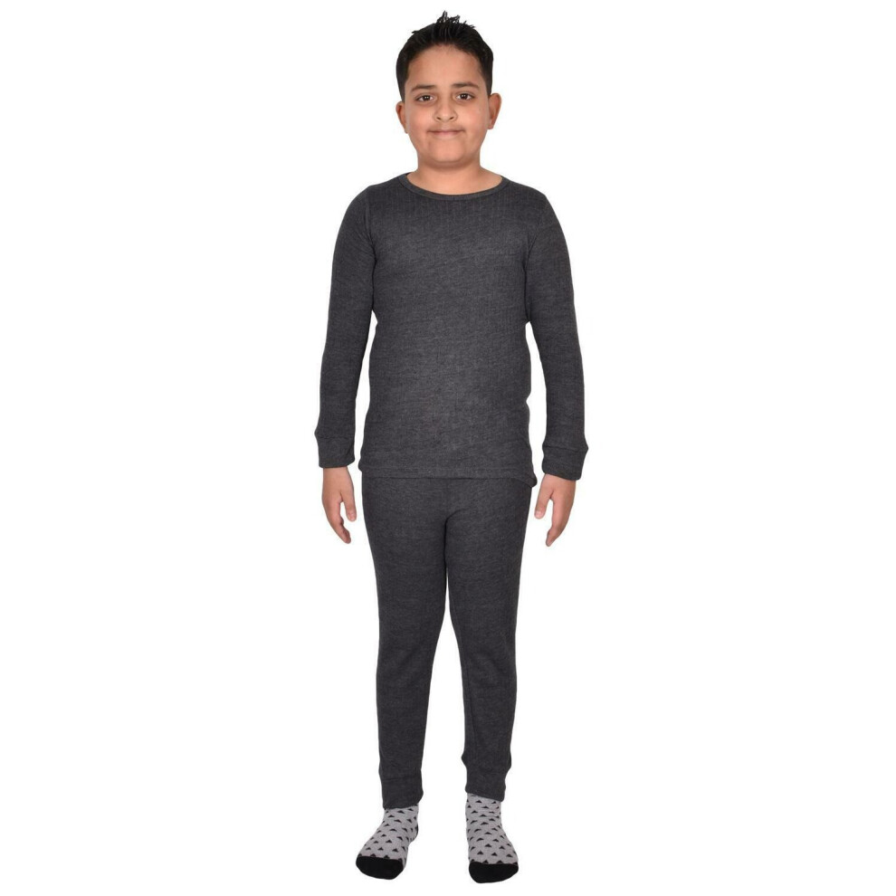 (Charcoal, 11-12 Years) Kids Thermal Set Long Johns Plain Warm Top Bottoms