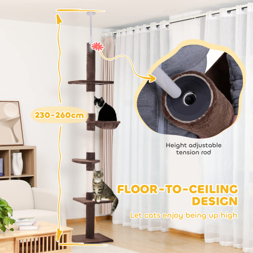 PawHut PawHut Floor to Ceiling Cat Tree 5-Tier Climbing Tower Scratching Post Brown 2