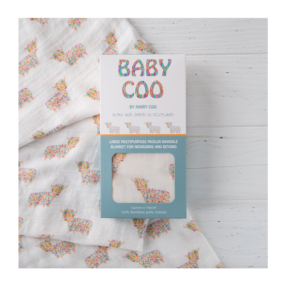 Super Cute Scottish Hairy Coo Baby Coo Bamboo Cotton Muslin Swaddle Cloth Kilts Wi Hae