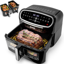 (AF34 In Black And Silver) Air fryer AF34, 2 in 1 air fryer set with 1 10L large drawer and 2 5L double drawers, oil-free dual zone home cooker