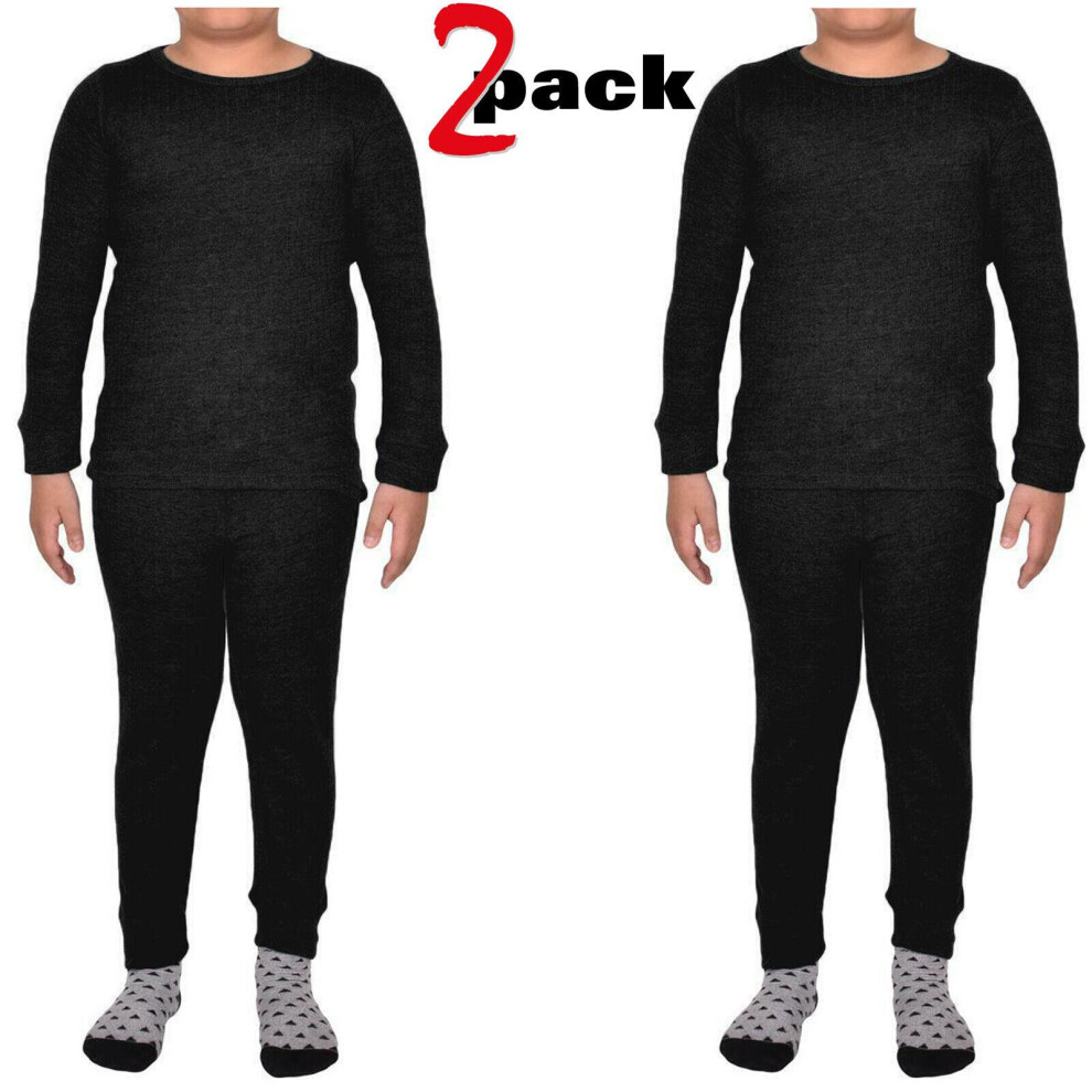 (Black - 2 Pack, 9 - 10 Years) Kids Thermal Long Johns Set Plain Warm 2 Pack