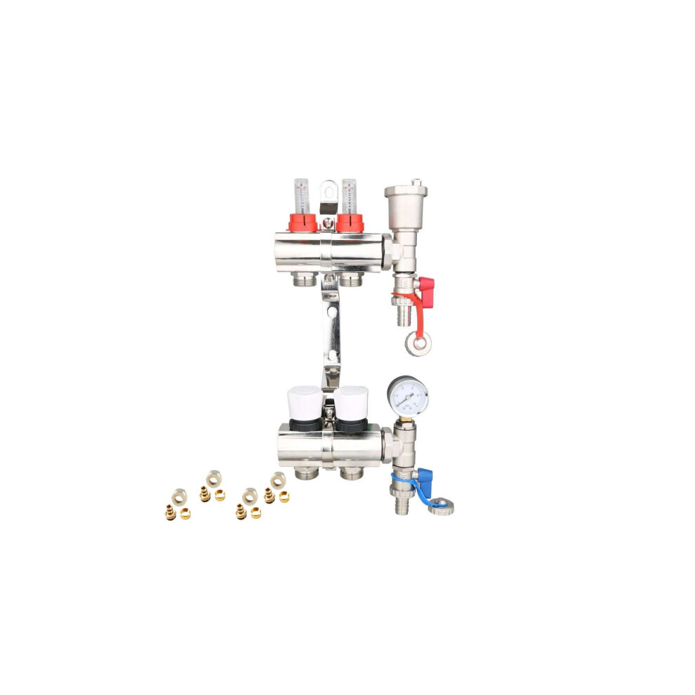 (Not Required 20Mm X 3/4'') 2 Port Underfloor Heating Complete Manifold With Pipe Connections,Ball Valve,Automatic Air Vent And Pressure Gauge Unit 5060706097419