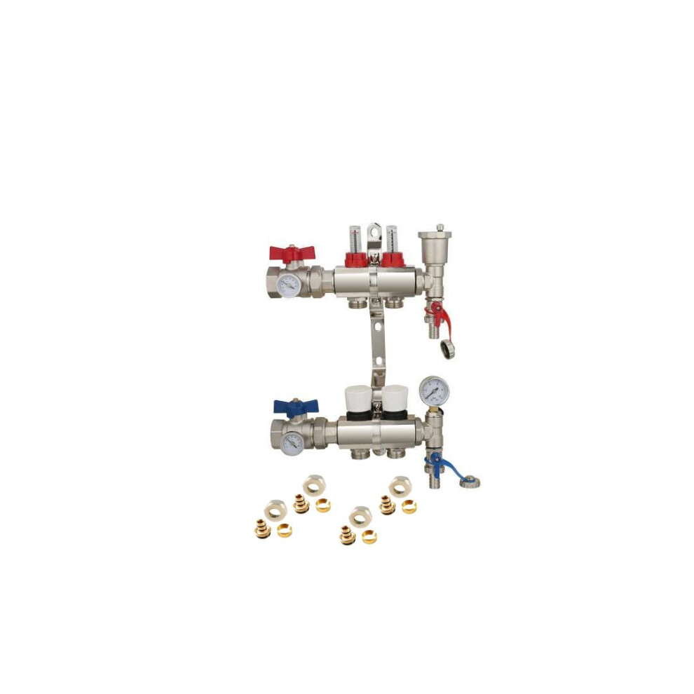 (With Thermometer Set Of 2 17Mm X 3/4'') 2 Port Underfloor Heating Complete Manifold With Pipe Connections,Ball Valve,Automatic Air Vent And Pressu 5060706097525