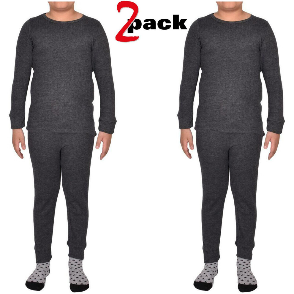 (Charcoal - 2 Pack, 11 - 12 Years) Kids Thermal Long Johns Set Plain Warm 2 Pack