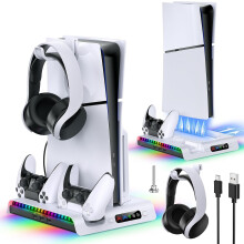 (White) Stand with Cooling Fan for PS5 Slim Game Console, Dual Controller Charging Station with 9 RGB Lights and Headphone Hook and 3-Level Silent Fan