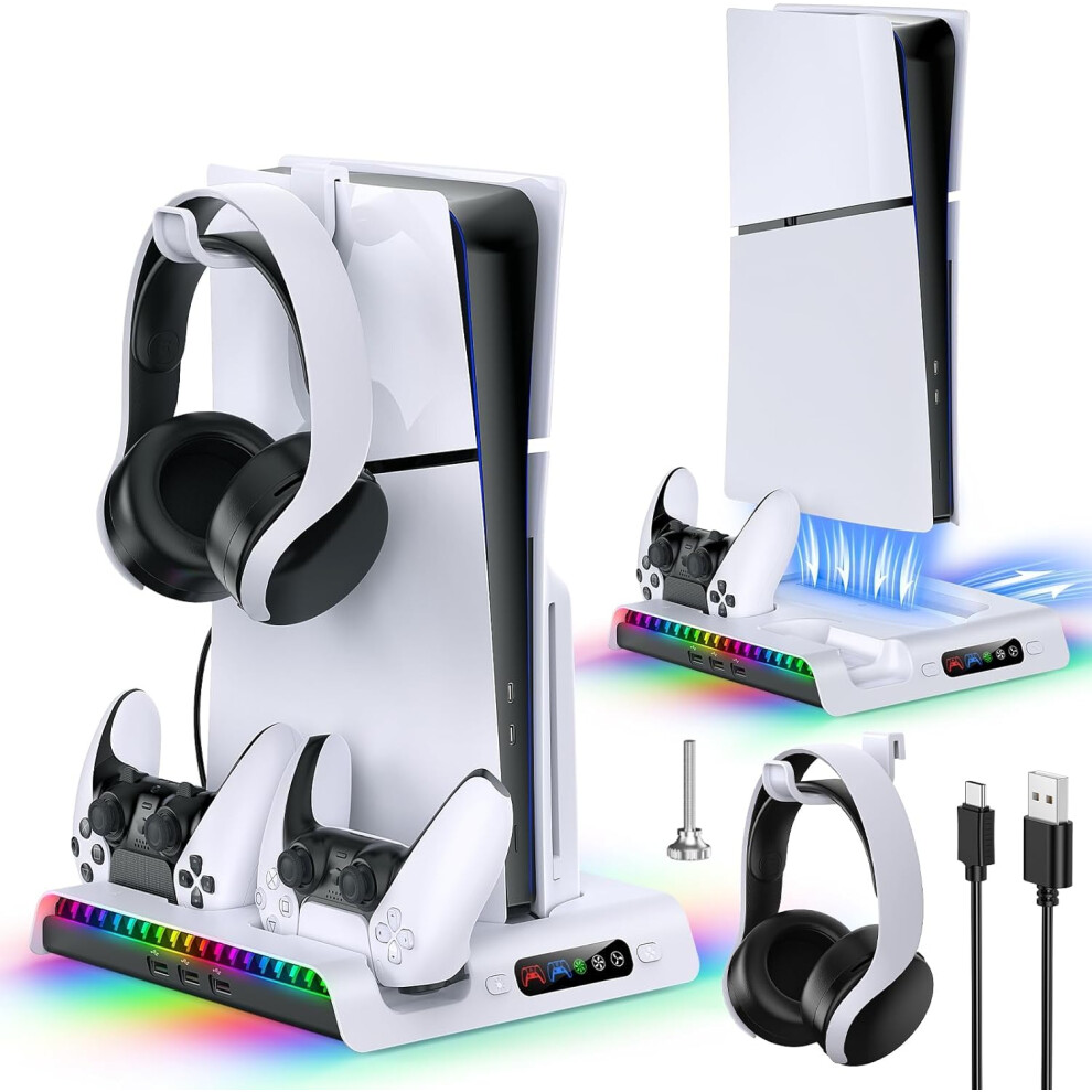 (White) Stand with Cooling Fan for PS5 Slim Game Console, Dual Controller Charging Station with 9 RGB Lights and Headphone Hook and 3-Level Silent Fan