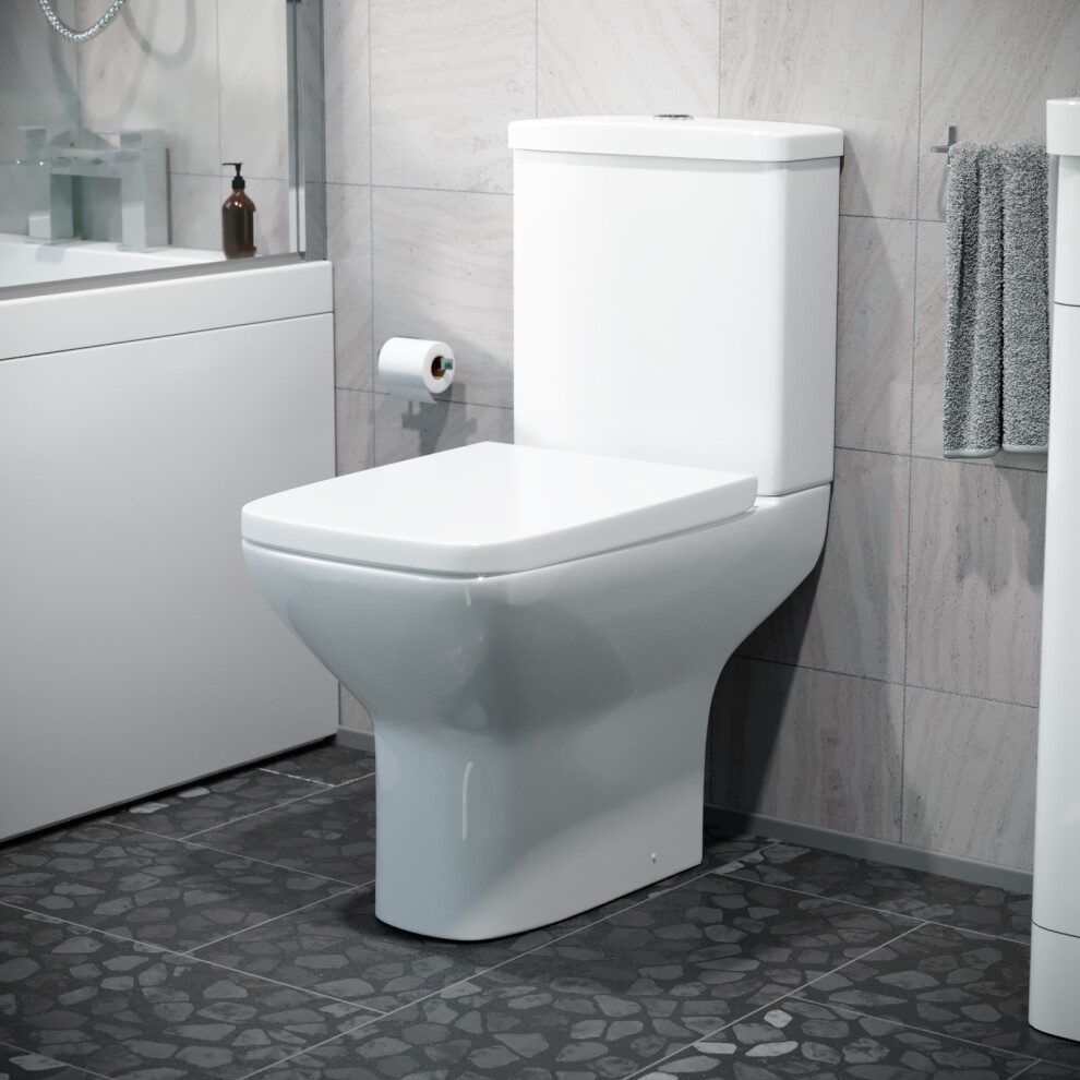 Sory Rimless Close Coupled WC Toilet Pan, Cistern and Slim Soft Close Seat