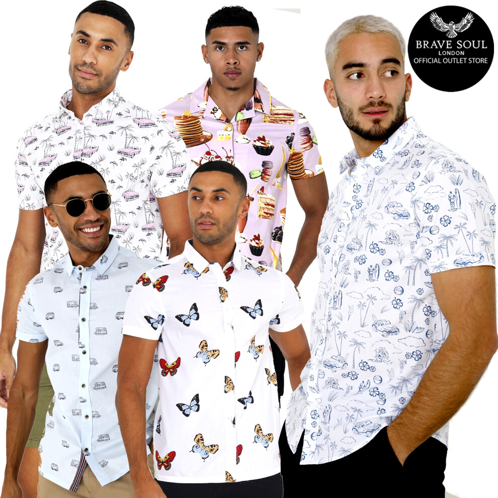 (Blue, Mendes Casual Short leeve Shirt, L) Men Brave Soul Cotton Print Beach Party Shirt