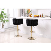 (Black/Gold) Set of 2 x Velvet Woven Upholstered Adjustable High Swivel Breakfast Bar Pub Home Stool Chair With Gold Metal base & Gas Lift