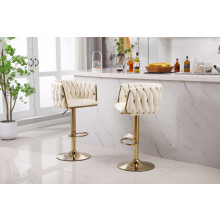 (Cream/Gold) Set of 2 x Velvet Woven Upholstered Adjustable High Swivel Breakfast Bar Pub Home Stool Chair With Gold Metal base & Gas Lift