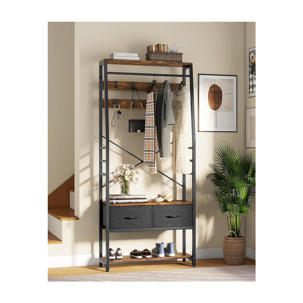YITAHOME Coat Rack Stand with Shoe Storage, Floorstanding Hall Tree with Bench & 2 Foldable Drawers, Industrial Coat Stands with 8 Hooks