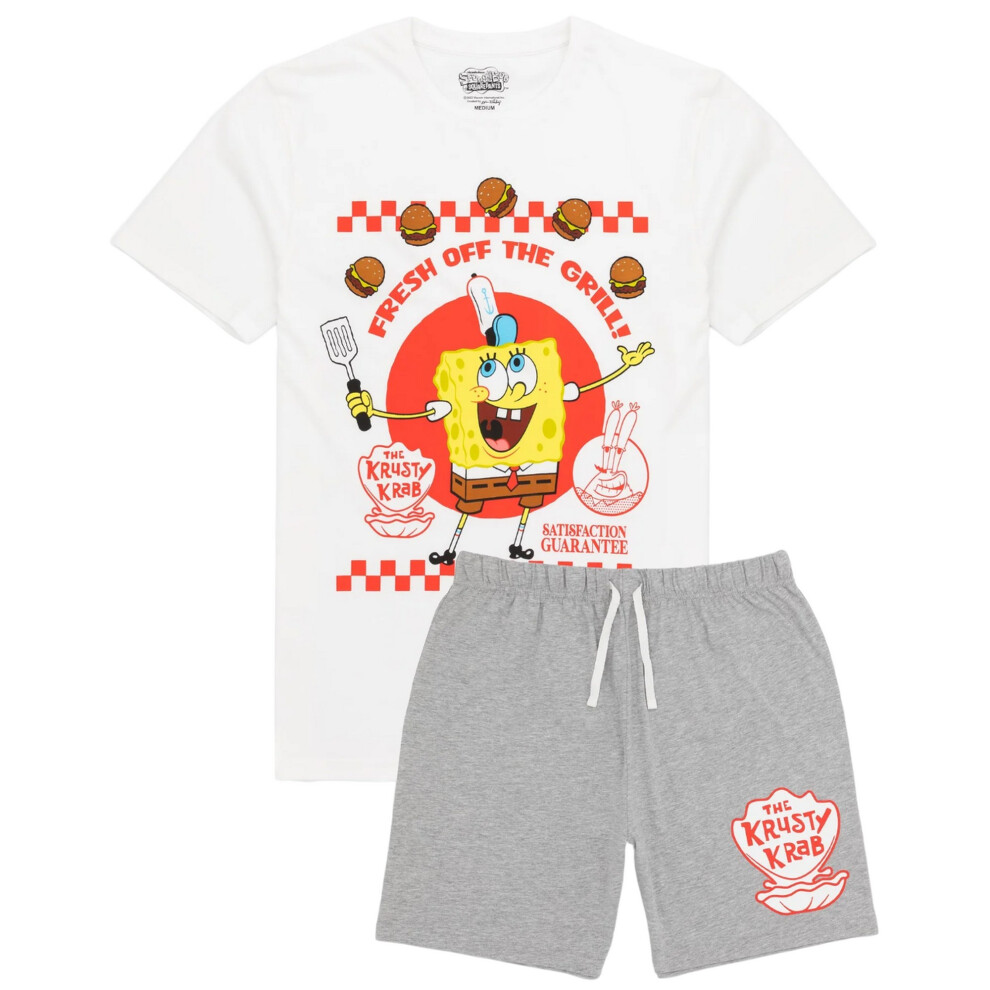 (L, White/Grey) SpongeBob SquarePants Mens Short Pyjama Set