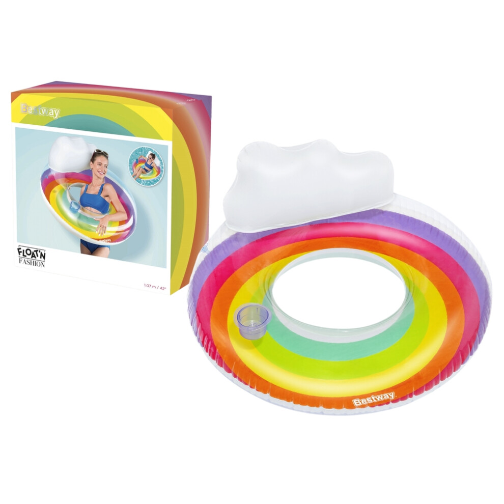 107cm Rainbow Inflatable Swim Ring with Headrest & Cup Holder