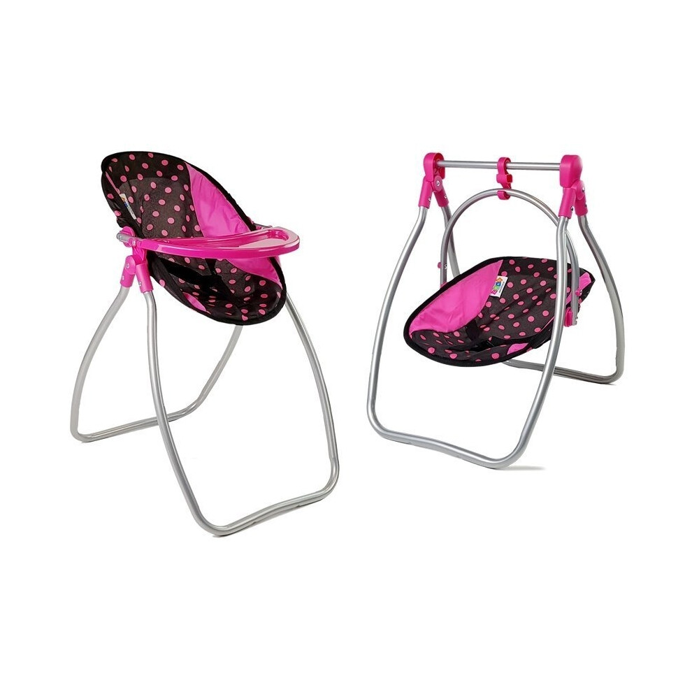 2-in-1 Doll Swing & High Chair - Black-Pink Polka Dot Fun