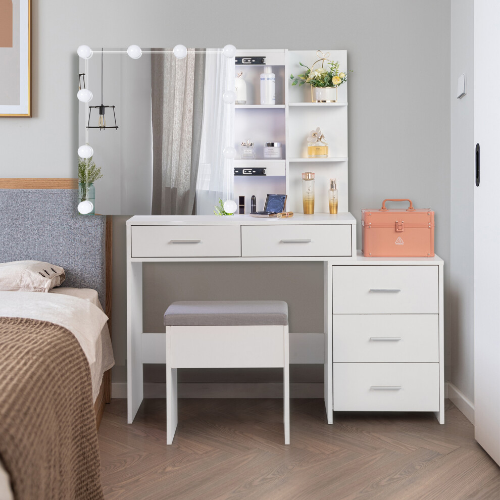 Dressing Table W/ Drawers Bulb Mirror Stool Set Makeup Desk Vanity Table