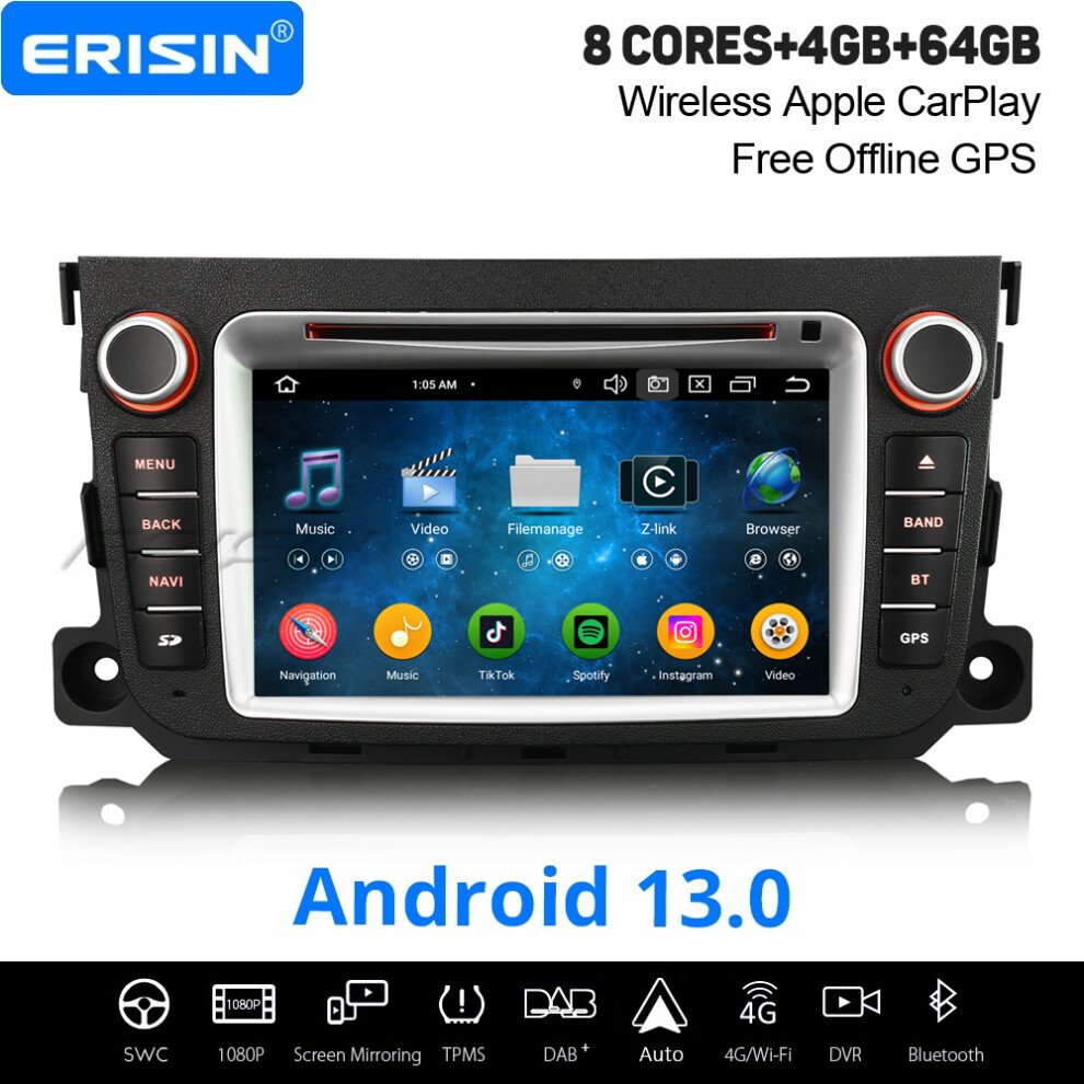 4Gb+64Gb 8-Core Android 13 Car Stereo Satnav For Mercedes Smart Fortwo Dab+ Carplay Wifi Swc Bt 5.0 Dsp Dvd 737655237542