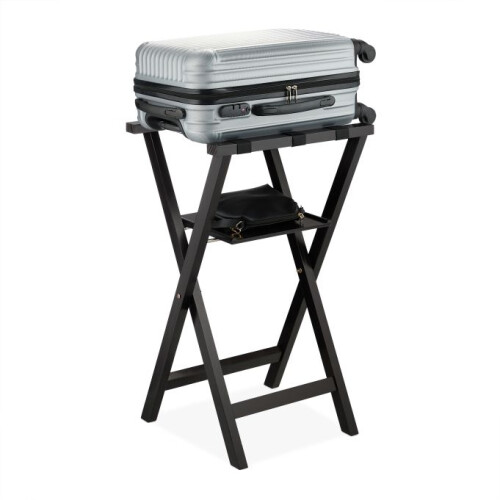 Black suitcase rack with shelf