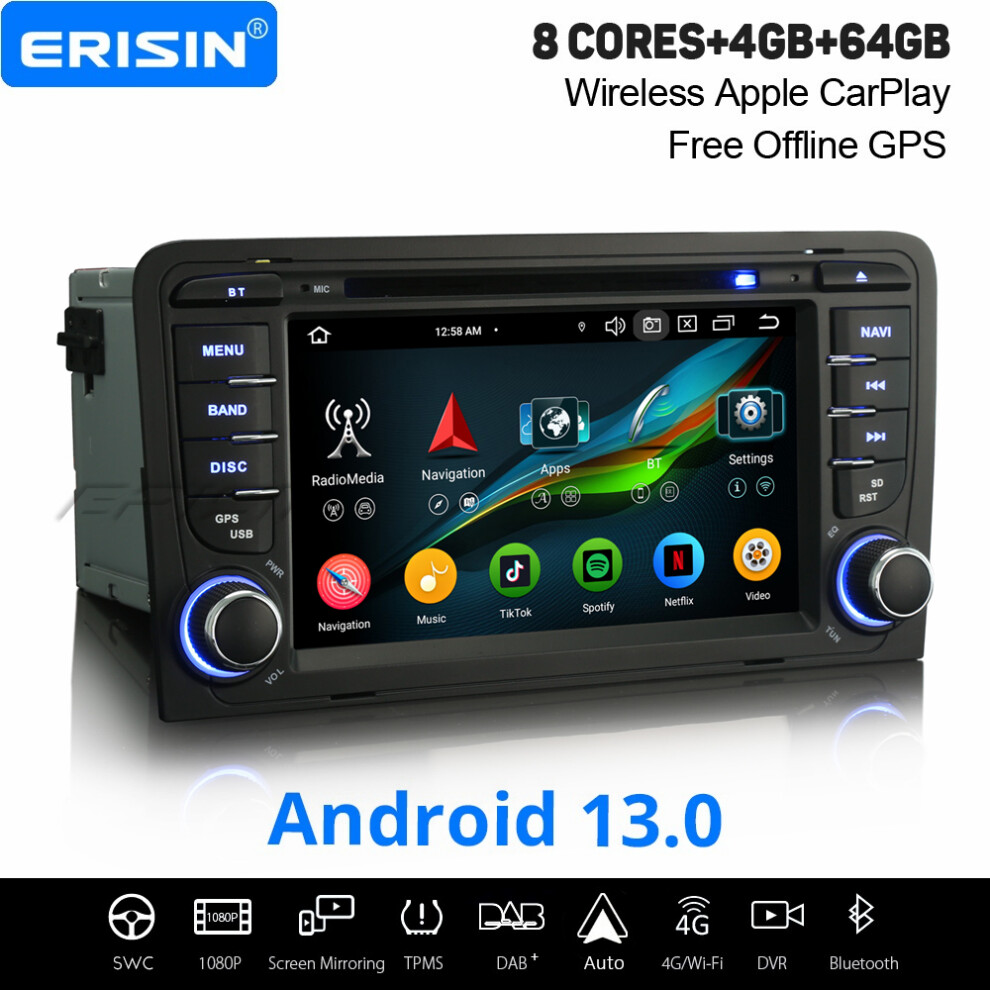 Erisin 4GB+64GB 8-Core Android 13 Car Stereo Satnav For Audi A3 S3 RS3 RNSE-PU DAB+ CarPlay WiFi 4G SWC BT 5.0 DSP DVD