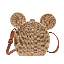 (01) Ladies Designer Straw Fancy Bag Cute Handbag Rattan Travel Leisure Vacation Small Round Beach Mickey Shoulder Bag