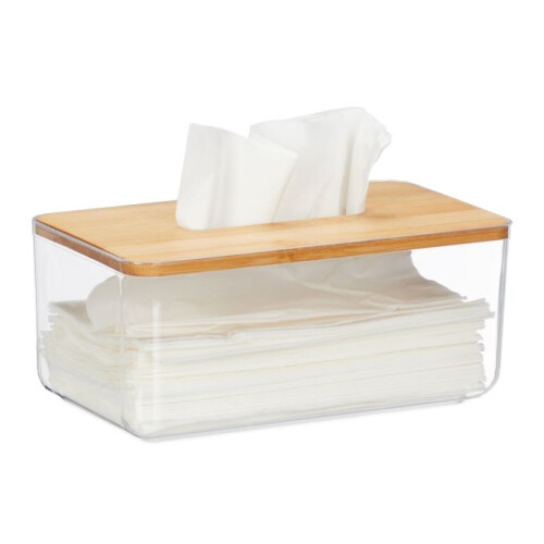 Transparente Taschentuchbox mit Bambusdeckel