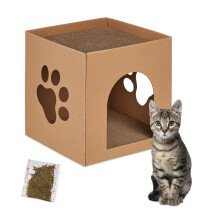 Katzenhaus aus Karton mit Kratzbrett
