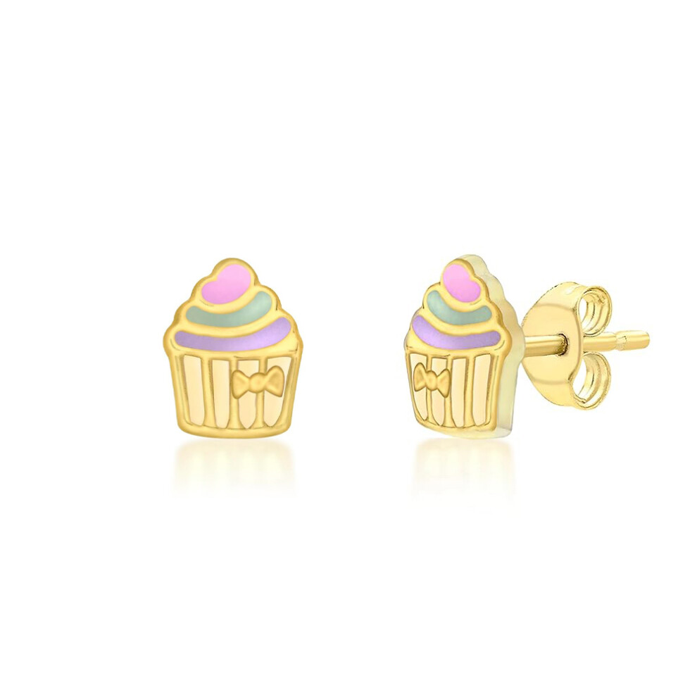 Jewelco London Women's 9ct Gold Pastel Enamel Frosted Cupcake Muffin Bowtie Stud Earrings, 5.5mm x 7mm - 1-55-8259