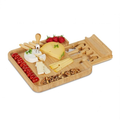 Käsetablett aus Bambus mit 4-teiligem Besteckset