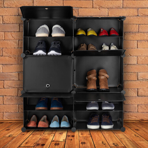 Schwarzer Schuhschrank mit 12 Fächern 1