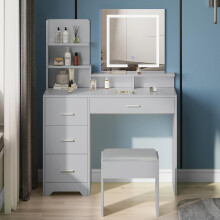 Dressing Table with Stool - 5 Shelves and 4 Drawers, Touch Screen Makeup Mirror with 3-Color Dimmable Lights, Bedroom Vanity Desk