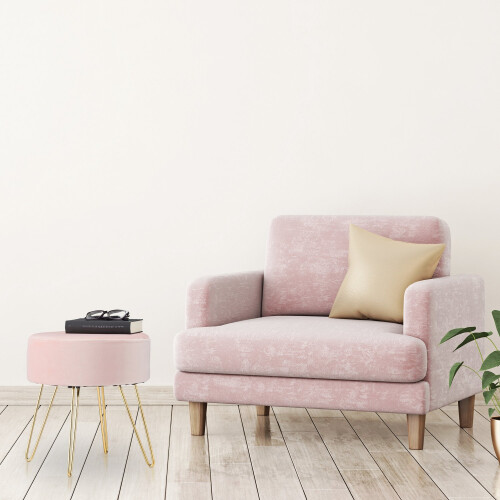 Hocker aus Samt mit rosa Metallbeinen 2