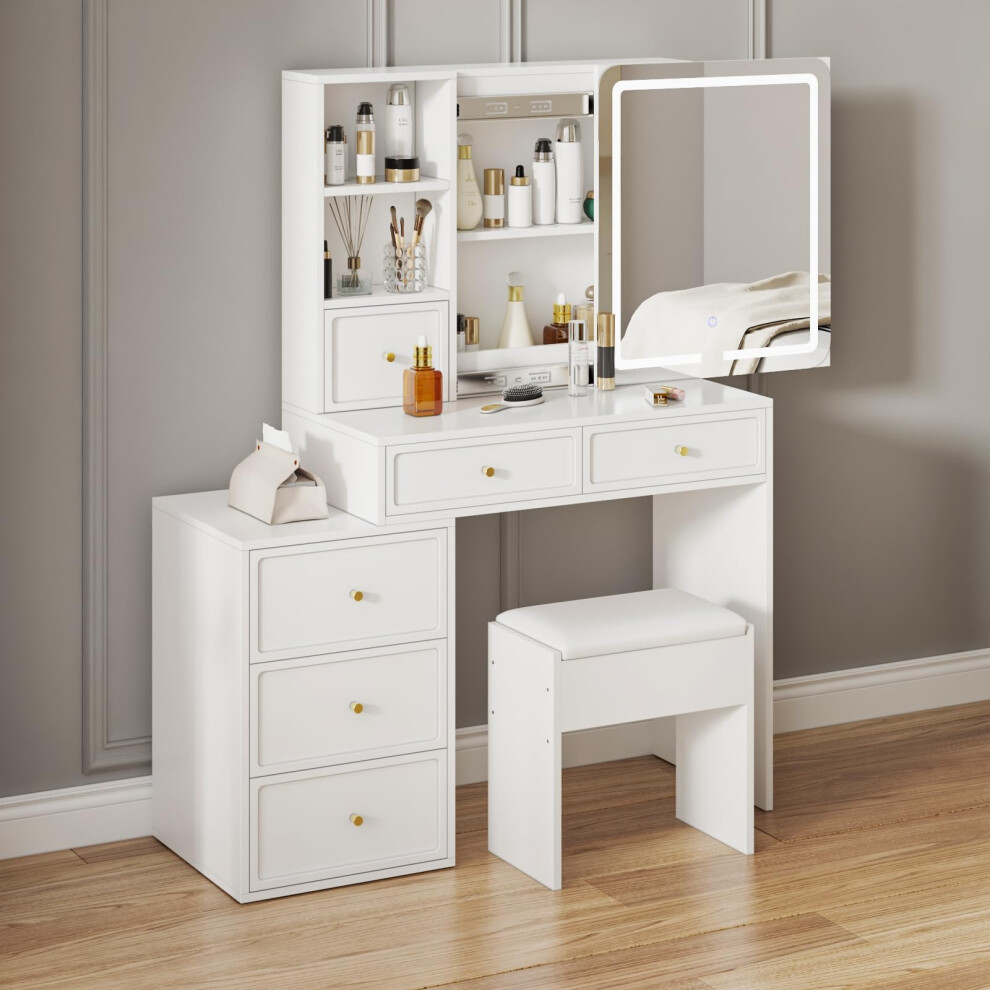 Dressing Table with Mirror and Stool, Vanity Table Makeup Desk with Sliding Lights Mirror, 6 Drawers and Open Shelves for Bedroom, White