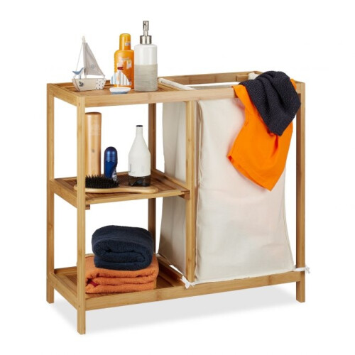 Bathroom shelf with bamboo laundry basket