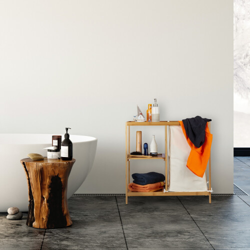 Bathroom shelf with bamboo laundry basket 1