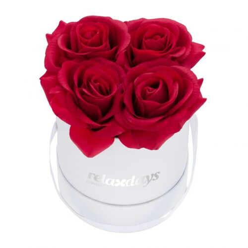 Weiße runde Rosenbox mit 4 Rosen